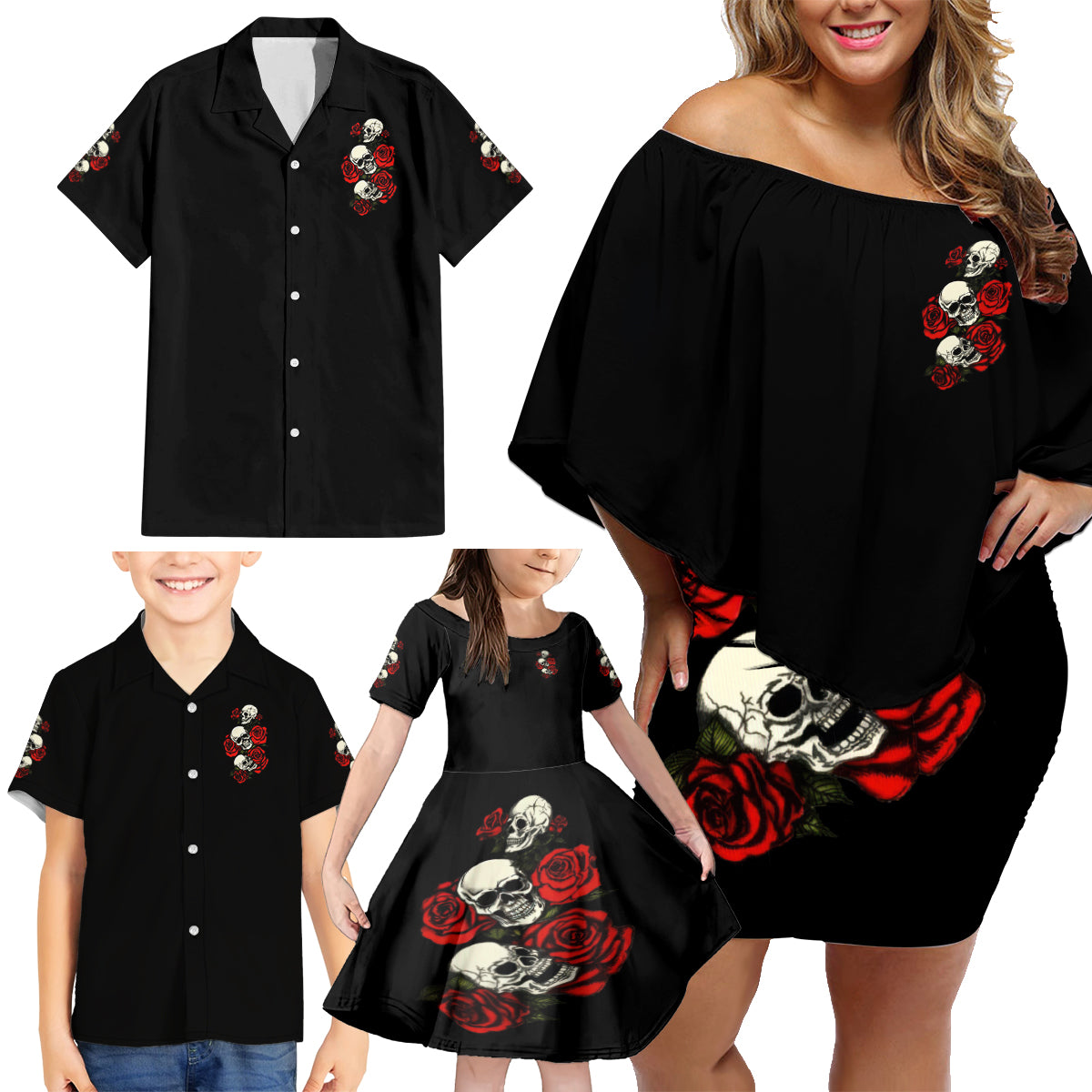 The Good Girl In Me 3 Skulls Rose Vintage Family Matching Off Shoulder Short Dress and Hawaiian Shirt - Wonder Print Shop