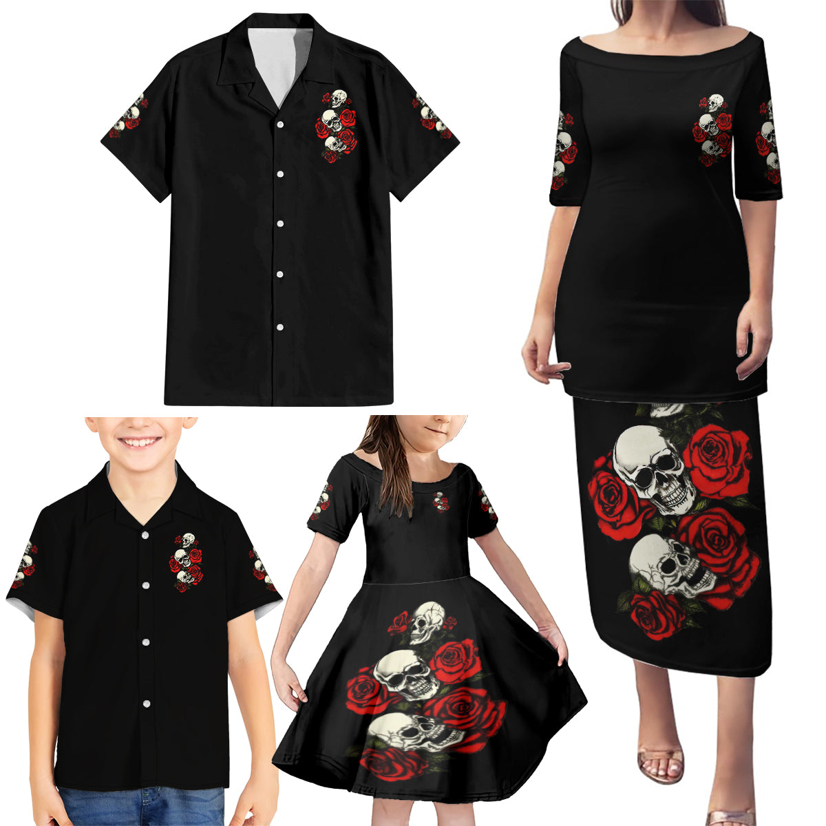 The Good Girl In Me 3 Skulls Rose Vintage Family Matching Puletasi Dress and Hawaiian Shirt - Wonder Print Shop