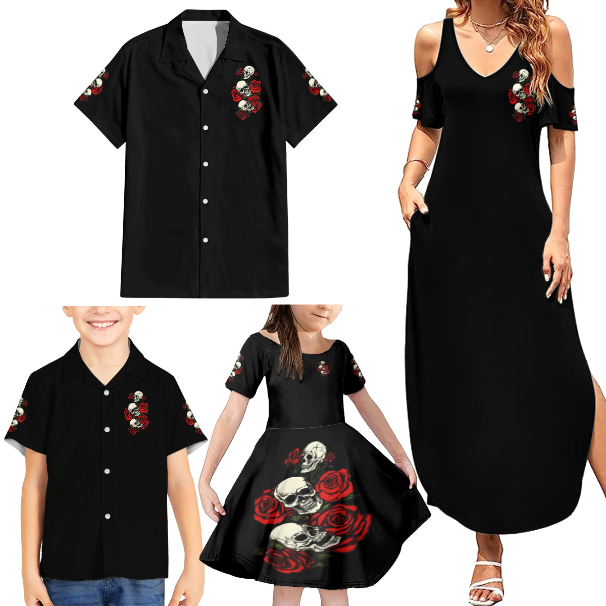 The Good Girl In Me 3 Skulls Rose Vintage Family Matching Summer Maxi Dress and Hawaiian Shirt - Wonder Print Shop
