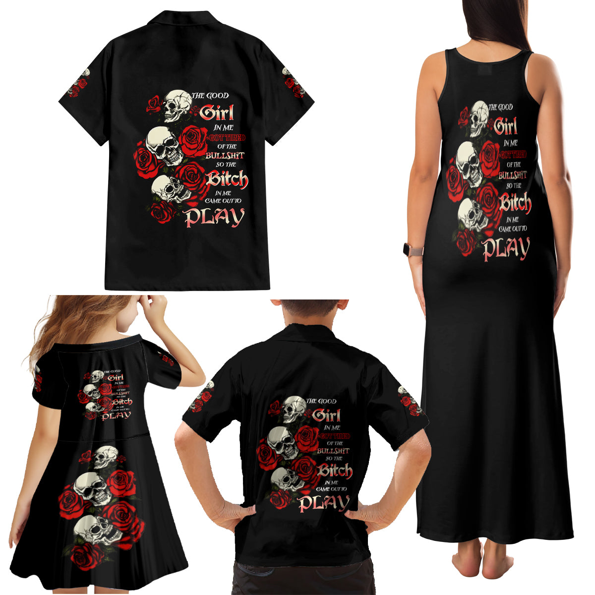 The Good Girl In Me 3 Skulls Rose Vintage Family Matching Tank Maxi Dress and Hawaiian Shirt - Wonder Print Shop