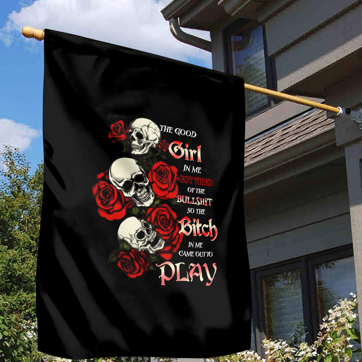 The Good Girl In Me 3 Skulls Rose Vintage Garden Flag - Wonder Print Shop