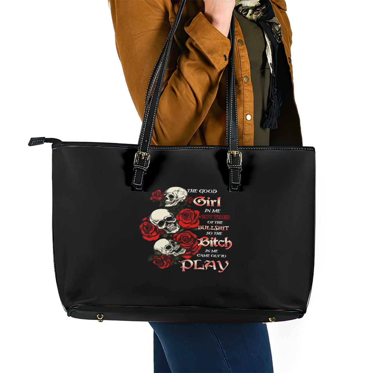 The Good Girl In Me 3 Skulls Rose Vintage Leather Tote Bag - Wonder Print Shop