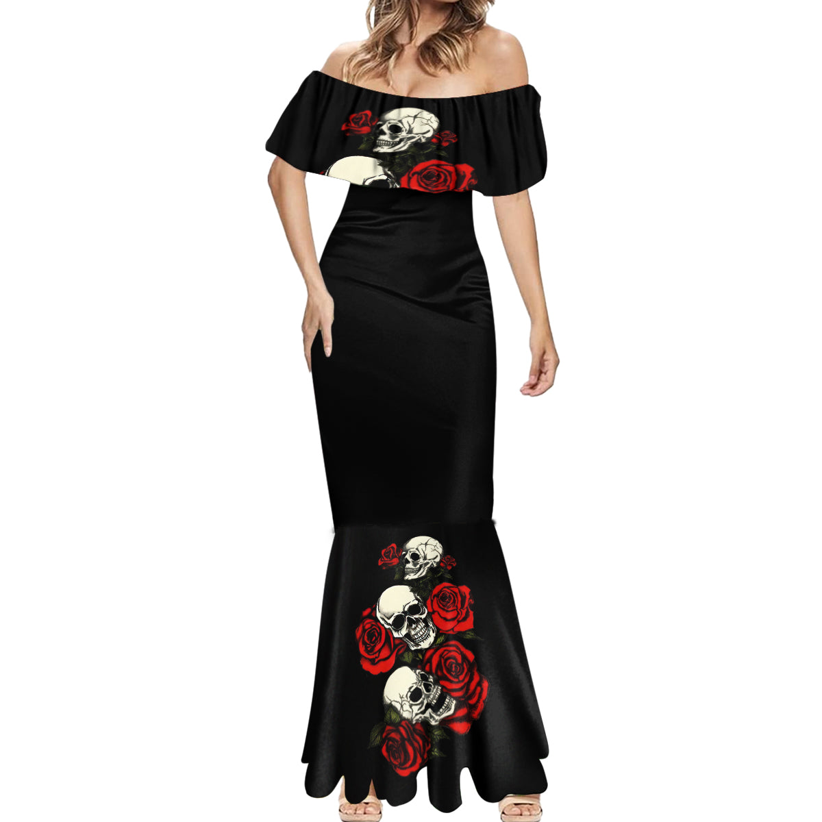 The Good Girl In Me 3 Skulls Rose Vintage Mermaid Dress - Wonder Print Shop