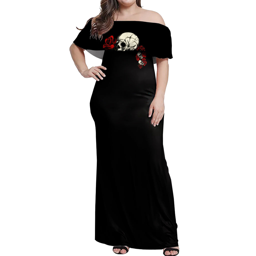 The Good Girl In Me 3 Skulls Rose Vintage Off Shoulder Maxi Dress - Wonder Print Shop