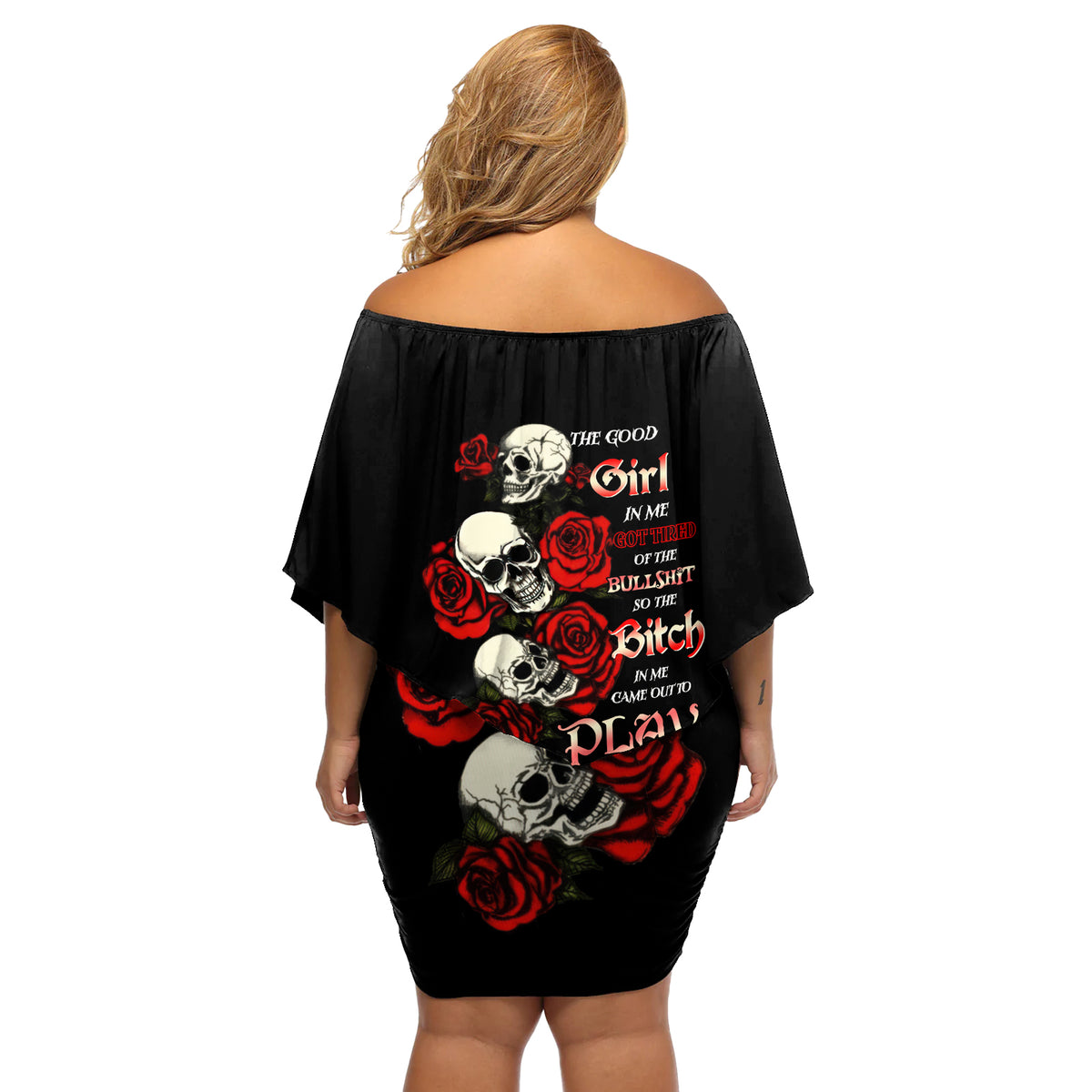 The Good Girl In Me 3 Skulls Rose Vintage Off Shoulder Short Dress - Wonder Print Shop