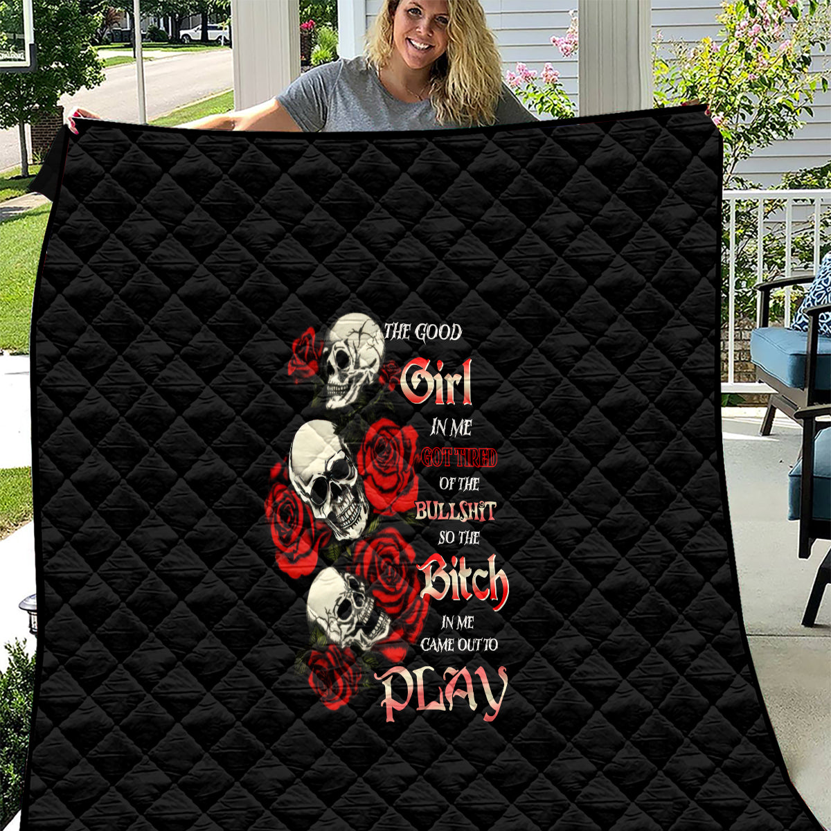 The Good Girl In Me 3 Skulls Rose Vintage Quilt - Wonder Print Shop