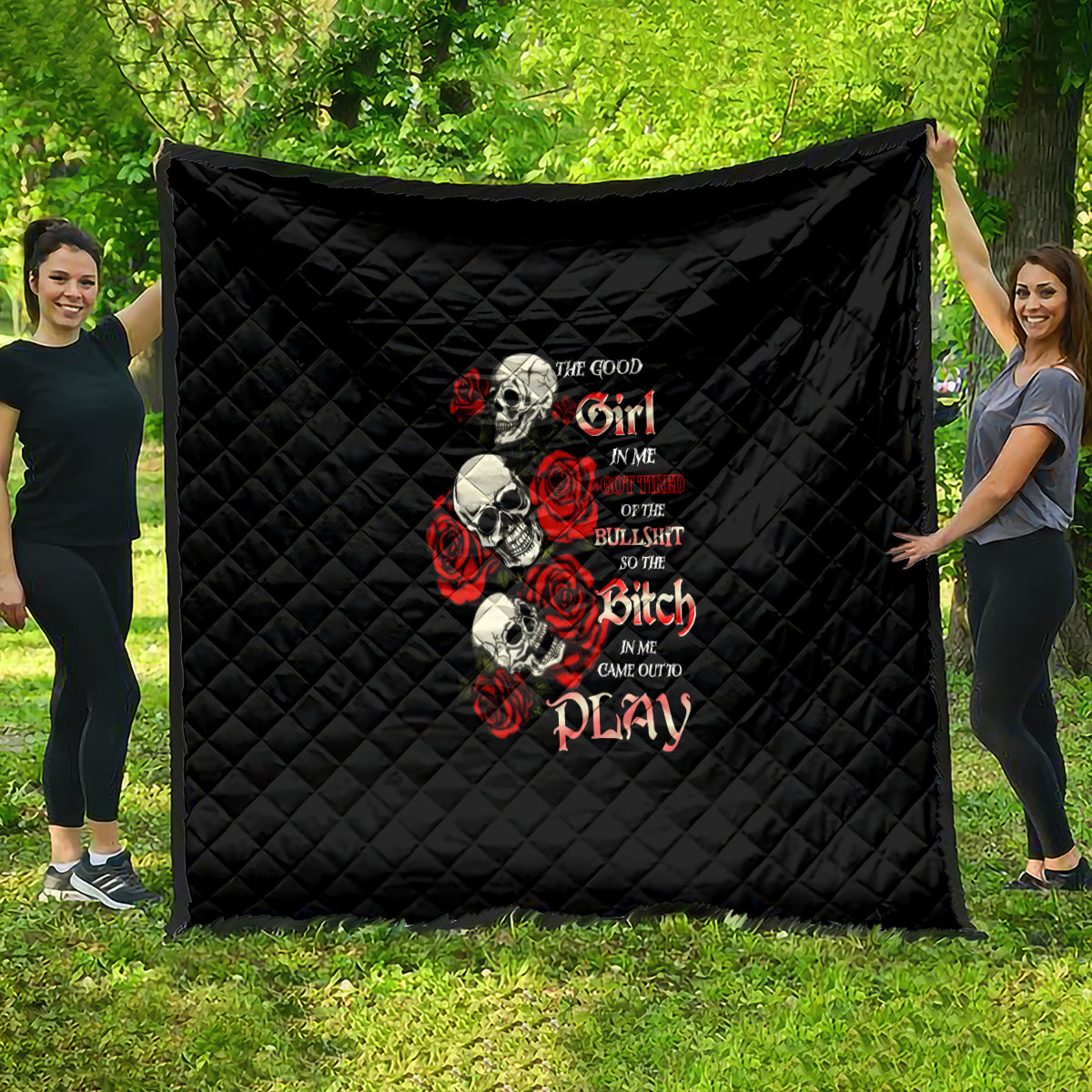 The Good Girl In Me 3 Skulls Rose Vintage Quilt - Wonder Print Shop