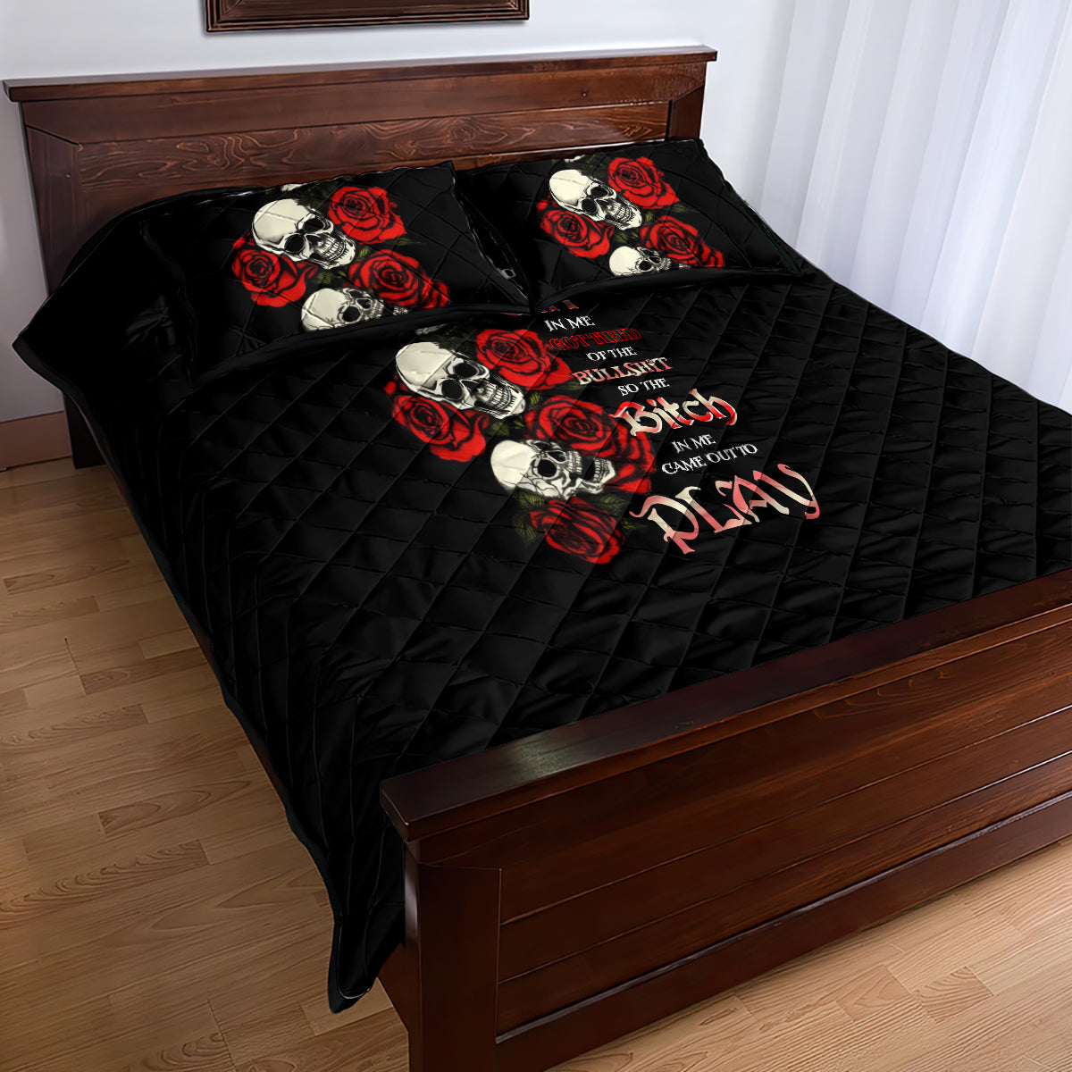 The Good Girl In Me 3 Skulls Rose Vintage Quilt Bed Set - Wonder Print Shop
