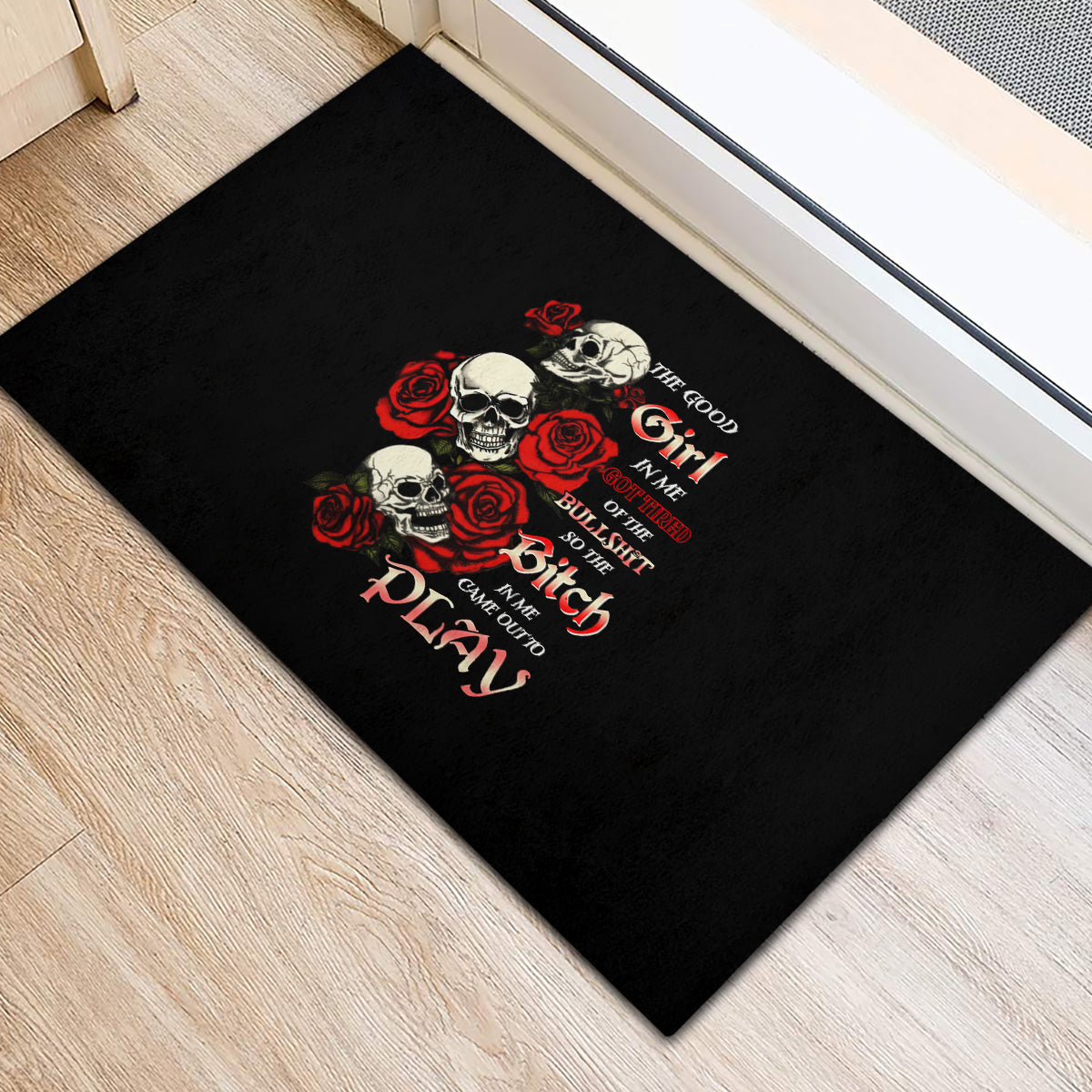 The Good Girl In Me 3 Skulls Rose Vintage Rubber Doormat - Wonder Print Shop