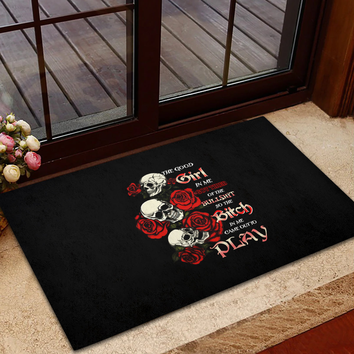 The Good Girl In Me 3 Skulls Rose Vintage Rubber Doormat - Wonder Print Shop