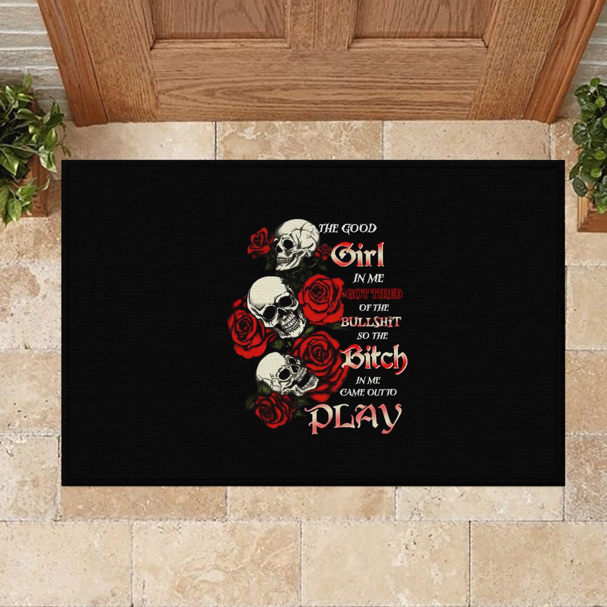 The Good Girl In Me 3 Skulls Rose Vintage Rubber Doormat - Wonder Print Shop