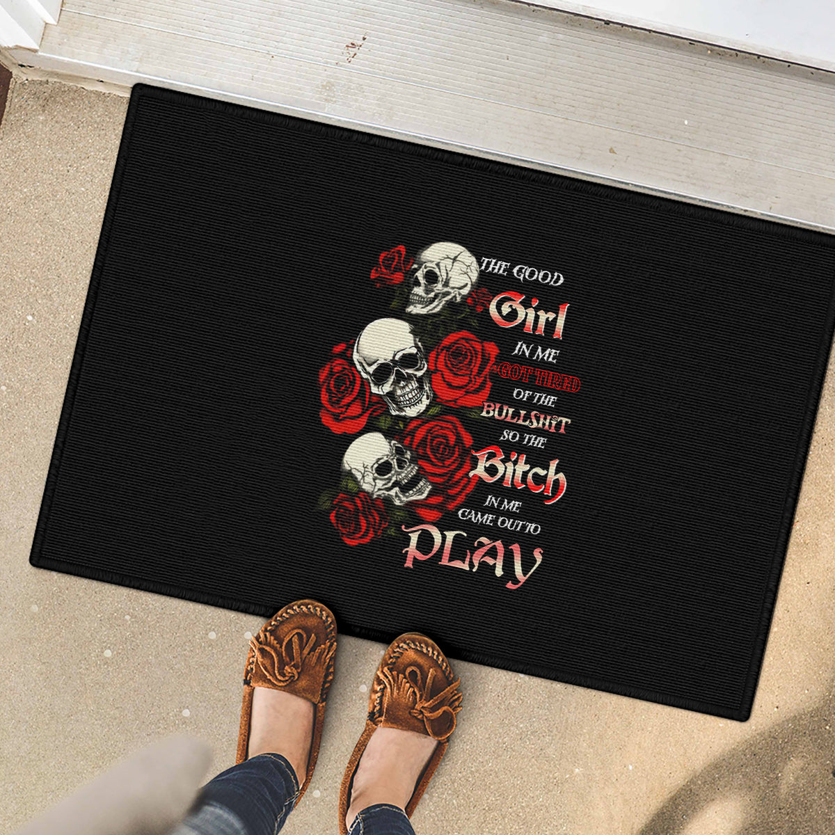 The Good Girl In Me 3 Skulls Rose Vintage Rubber Doormat - Wonder Print Shop