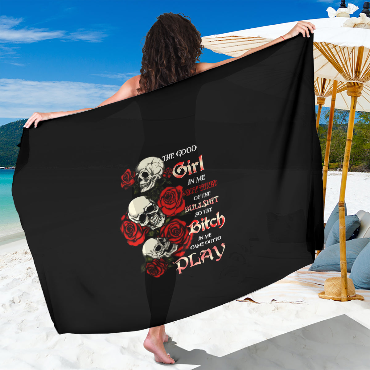 The Good Girl In Me 3 Skulls Rose Vintage Sarong - Wonder Print Shop