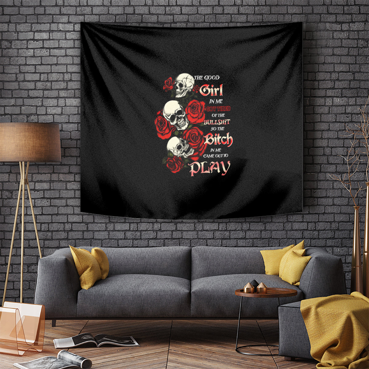The Good Girl In Me 3 Skulls Rose Vintage Tapestry - Wonder Print Shop