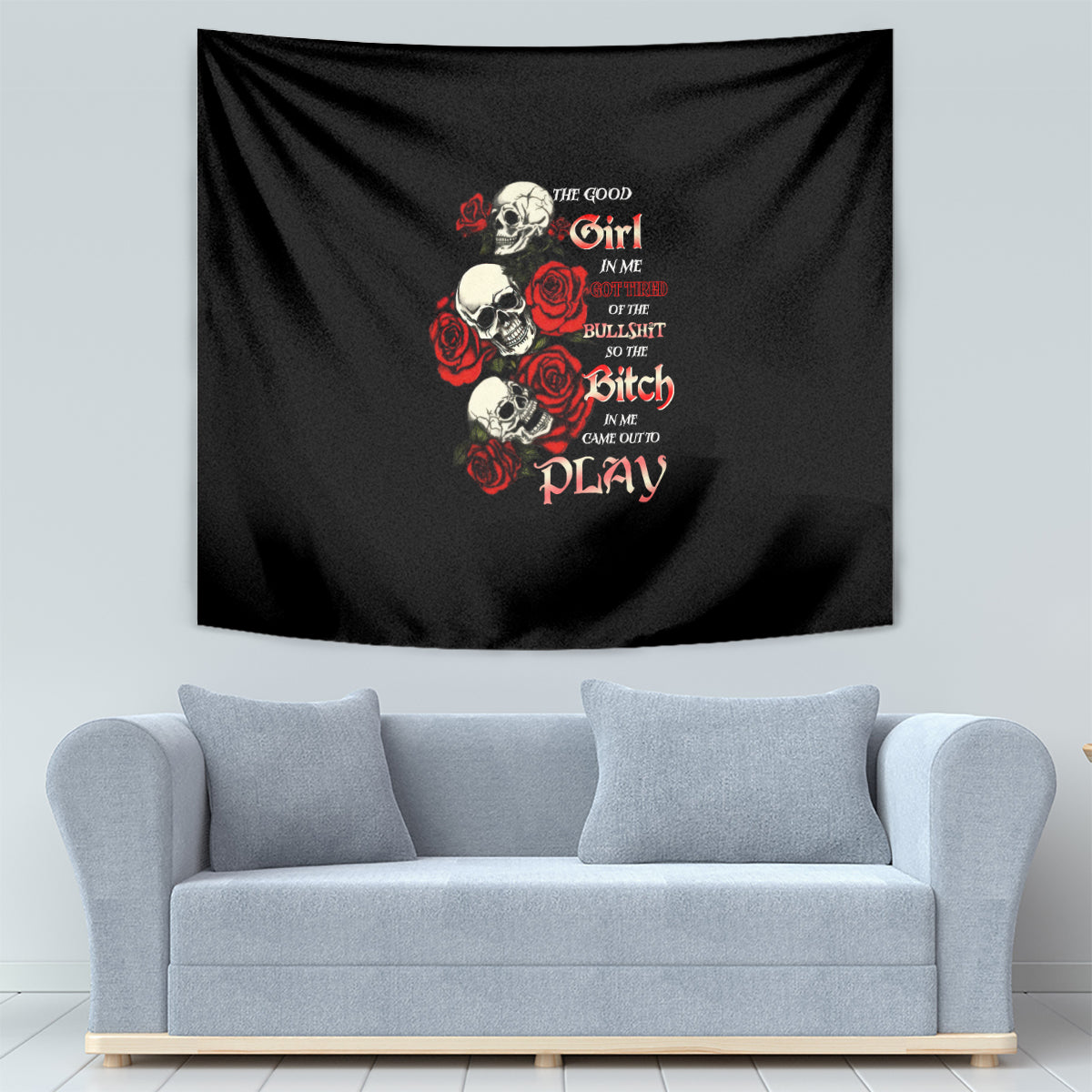 The Good Girl In Me 3 Skulls Rose Vintage Tapestry - Wonder Print Shop