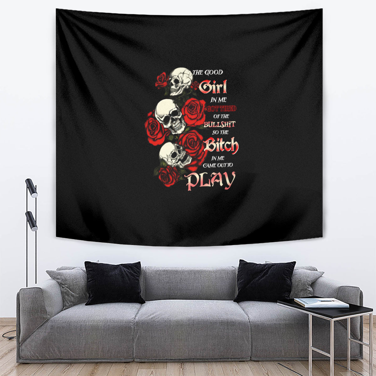 The Good Girl In Me 3 Skulls Rose Vintage Tapestry - Wonder Print Shop