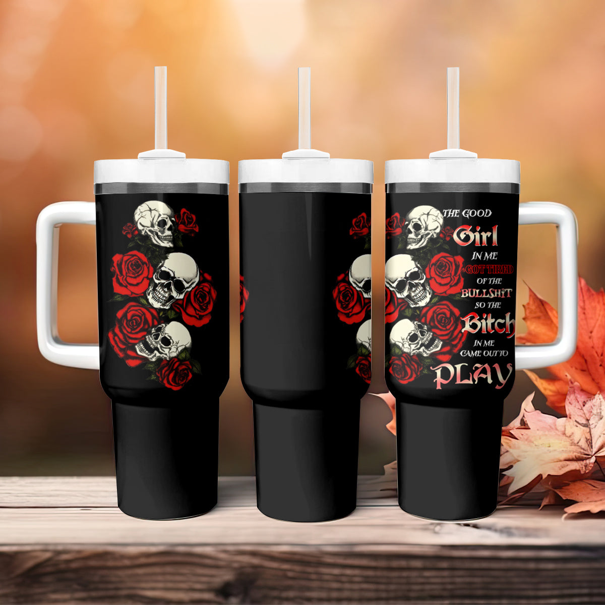 The Good Girl In Me 3 Skulls Rose Vintage Tumbler With Handle - Wonder Print Shop