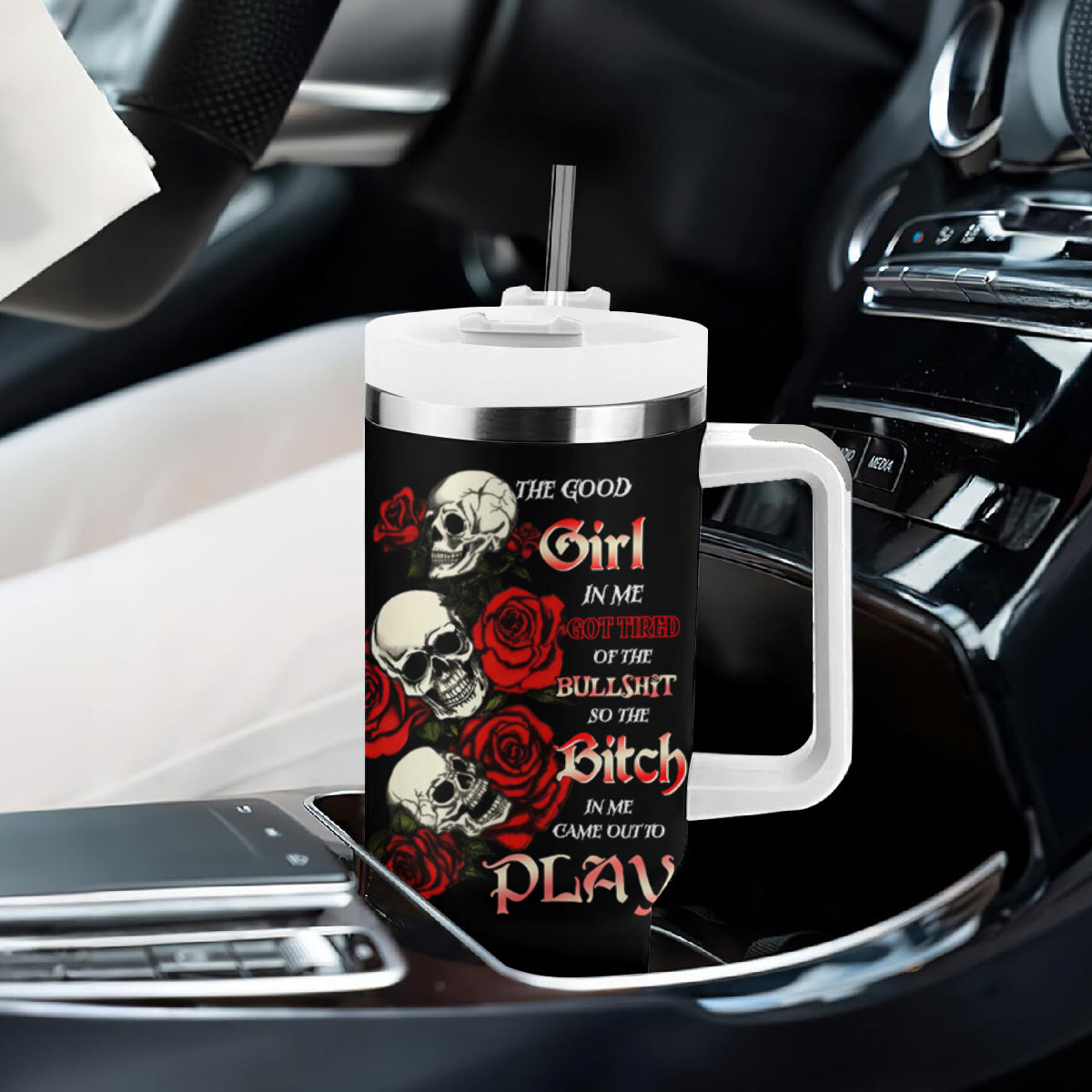 The Good Girl In Me 3 Skulls Rose Vintage Tumbler With Handle - Wonder Print Shop