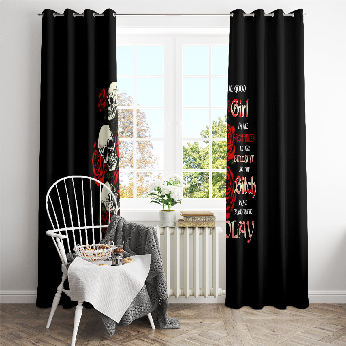 The Good Girl In Me 3 Skulls Rose Vintage Window Curtain - Wonder Print Shop