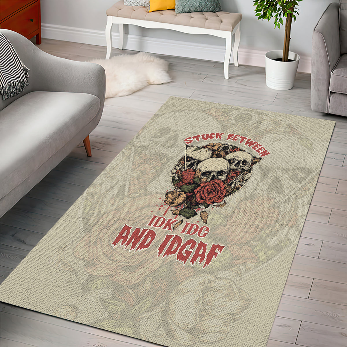 Stuck Between Idk Idc And Idgaf Skull Area Rug - Wonder Print Shop