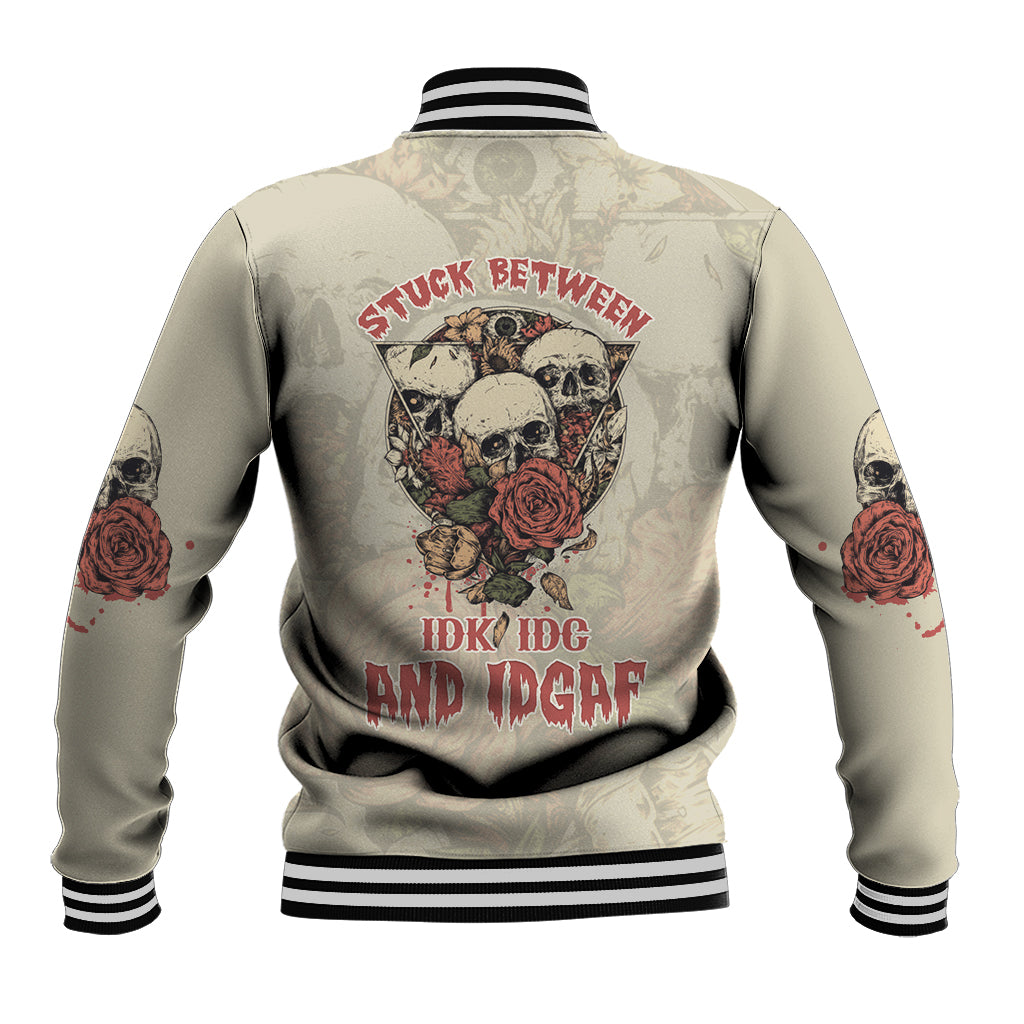 Stuck Between Idk Idc And Idgaf Skull Baseball Jacket - Wonder Print Shop