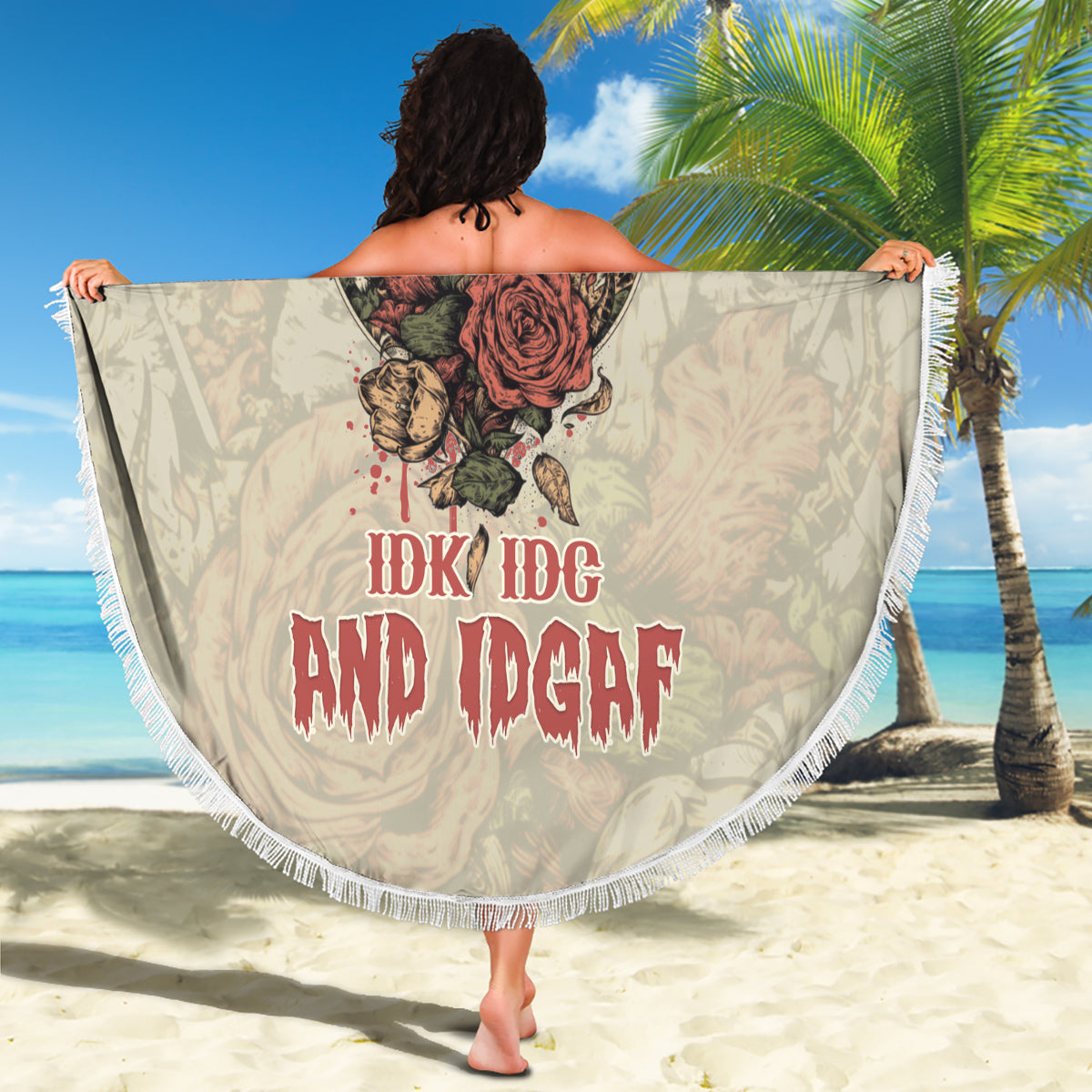 Stuck Between Idk Idc And Idgaf Skull Beach Blanket - Wonder Print Shop