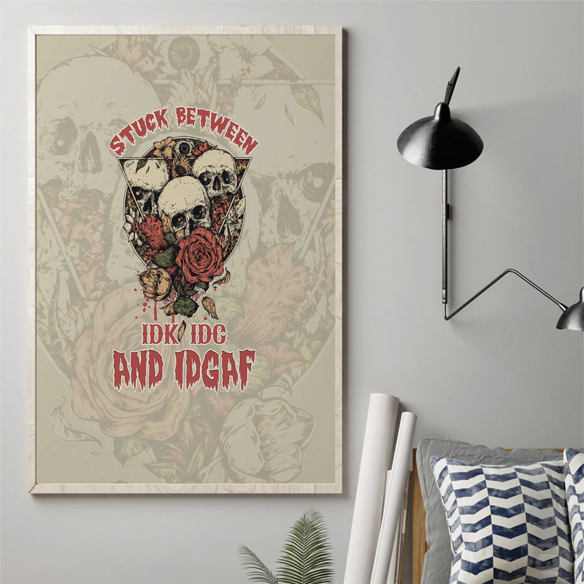 Stuck Between Idk Idc And Idgaf Skull Canvas Wall Art - Wonder Print Shop