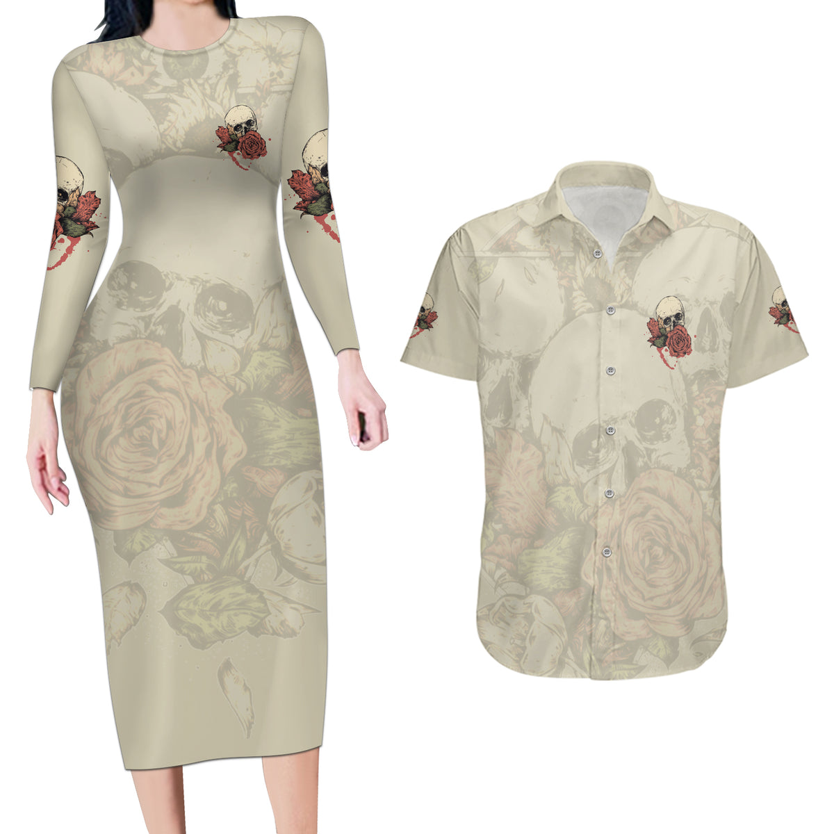 Stuck Between Idk Idc And Idgaf Skull Couples Matching Long Sleeve Bodycon Dress and Hawaiian Shirt - Wonder Print Shop
