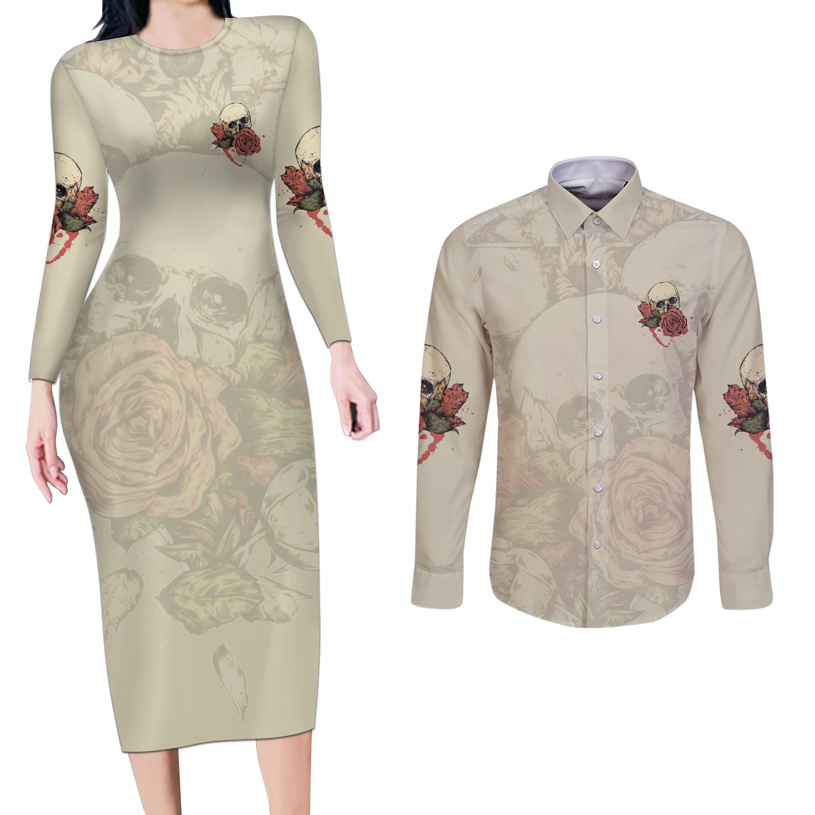 Stuck Between Idk Idc And Idgaf Skull Couples Matching Long Sleeve Bodycon Dress and Long Sleeve Button Shirt - Wonder Print Shop
