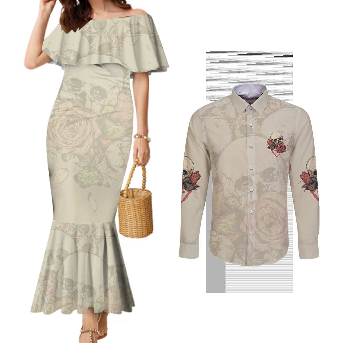 stuck-between-idk-idc-and-idgaf-skull-couples-matching-mermaid-dress-and-long-sleeve-button-shirt