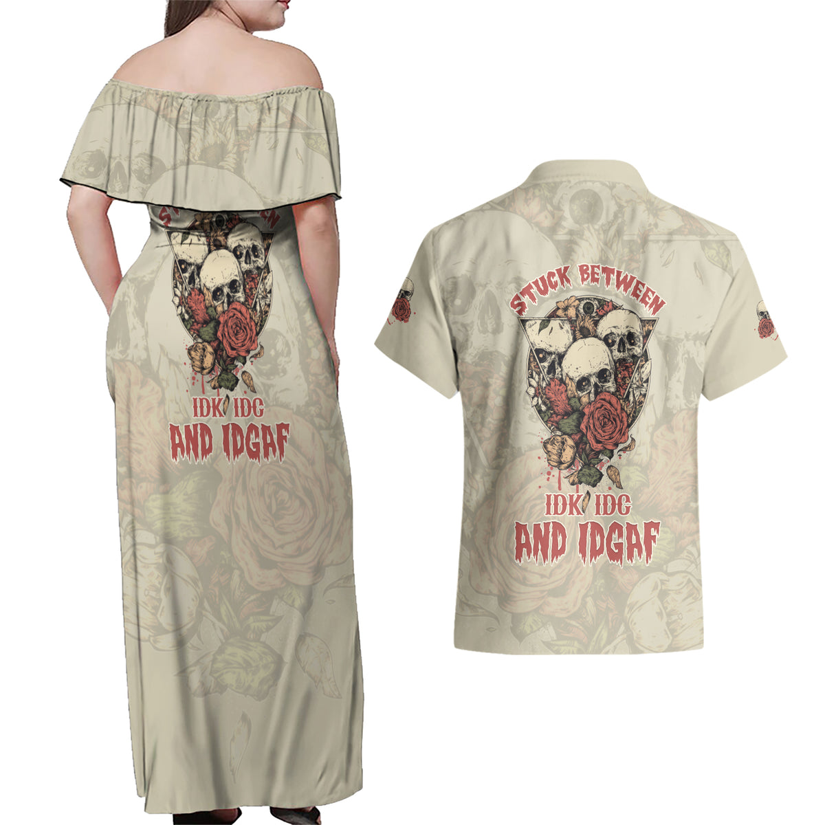 Stuck Between Idk Idc And Idgaf Skull Couples Matching Off Shoulder Maxi Dress and Hawaiian Shirt - Wonder Print Shop