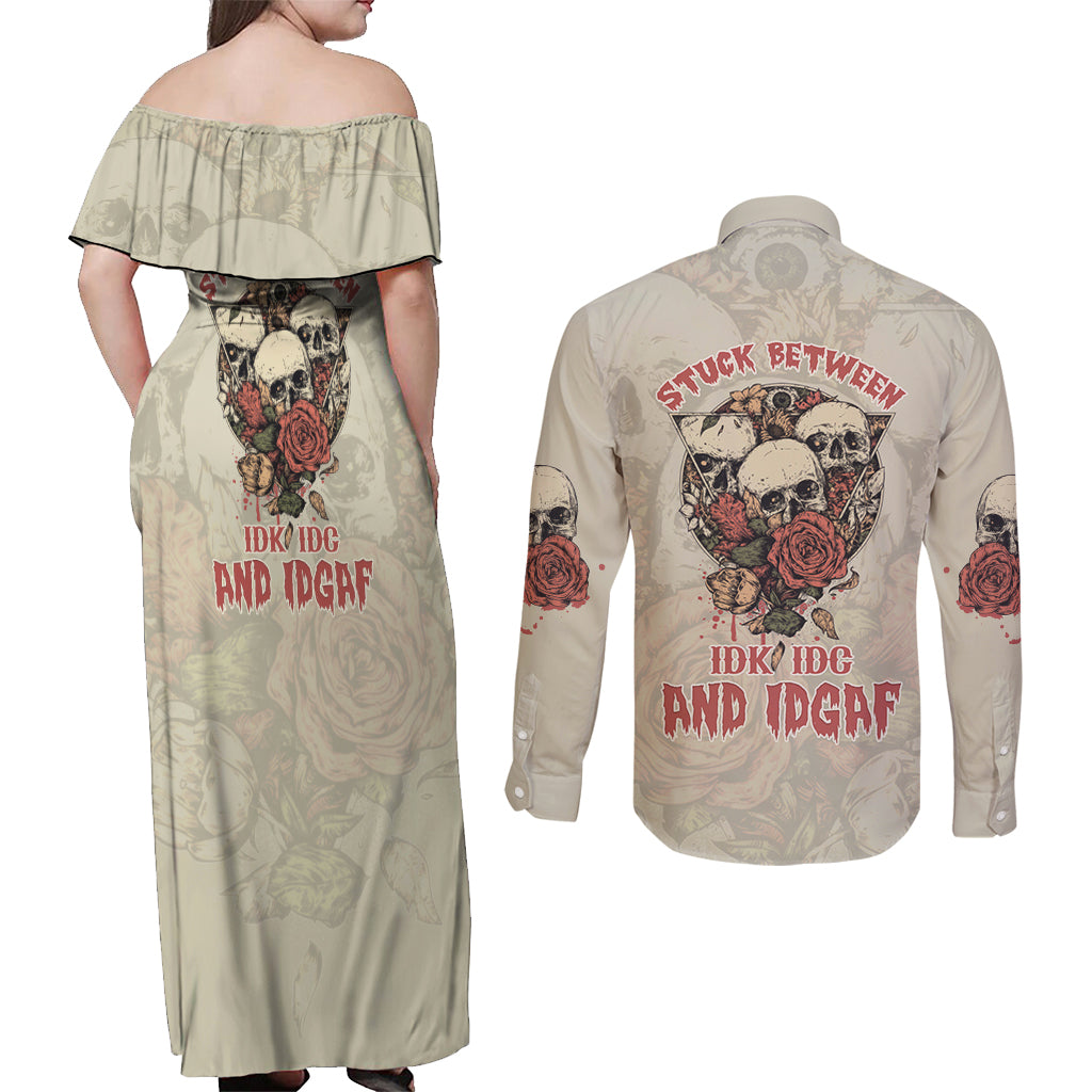 Stuck Between Idk Idc And Idgaf Skull Couples Matching Off Shoulder Maxi Dress and Long Sleeve Button Shirt - Wonder Print Shop