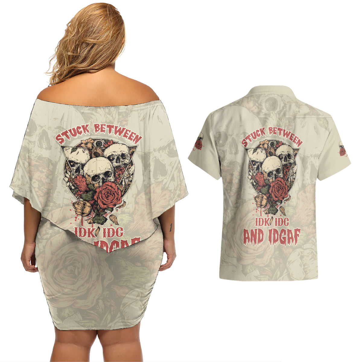 Stuck Between Idk Idc And Idgaf Skull Couples Matching Off Shoulder Short Dress and Hawaiian Shirt - Wonder Print Shop
