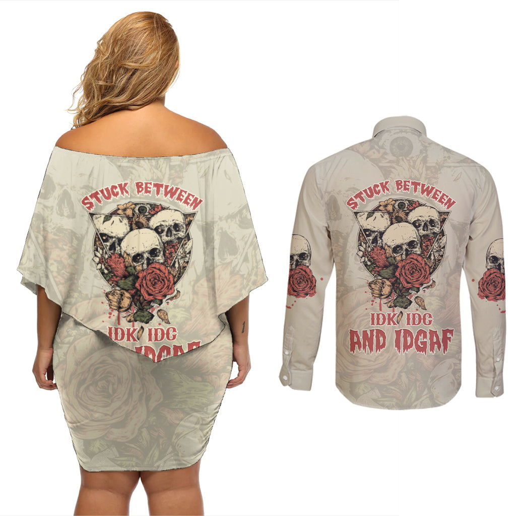 Stuck Between Idk Idc And Idgaf Skull Couples Matching Off Shoulder Short Dress and Long Sleeve Button Shirt - Wonder Print Shop