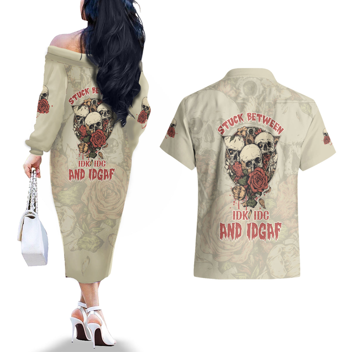 Stuck Between Idk Idc And Idgaf Skull Couples Matching Off The Shoulder Long Sleeve Dress and Hawaiian Shirt - Wonder Print Shop