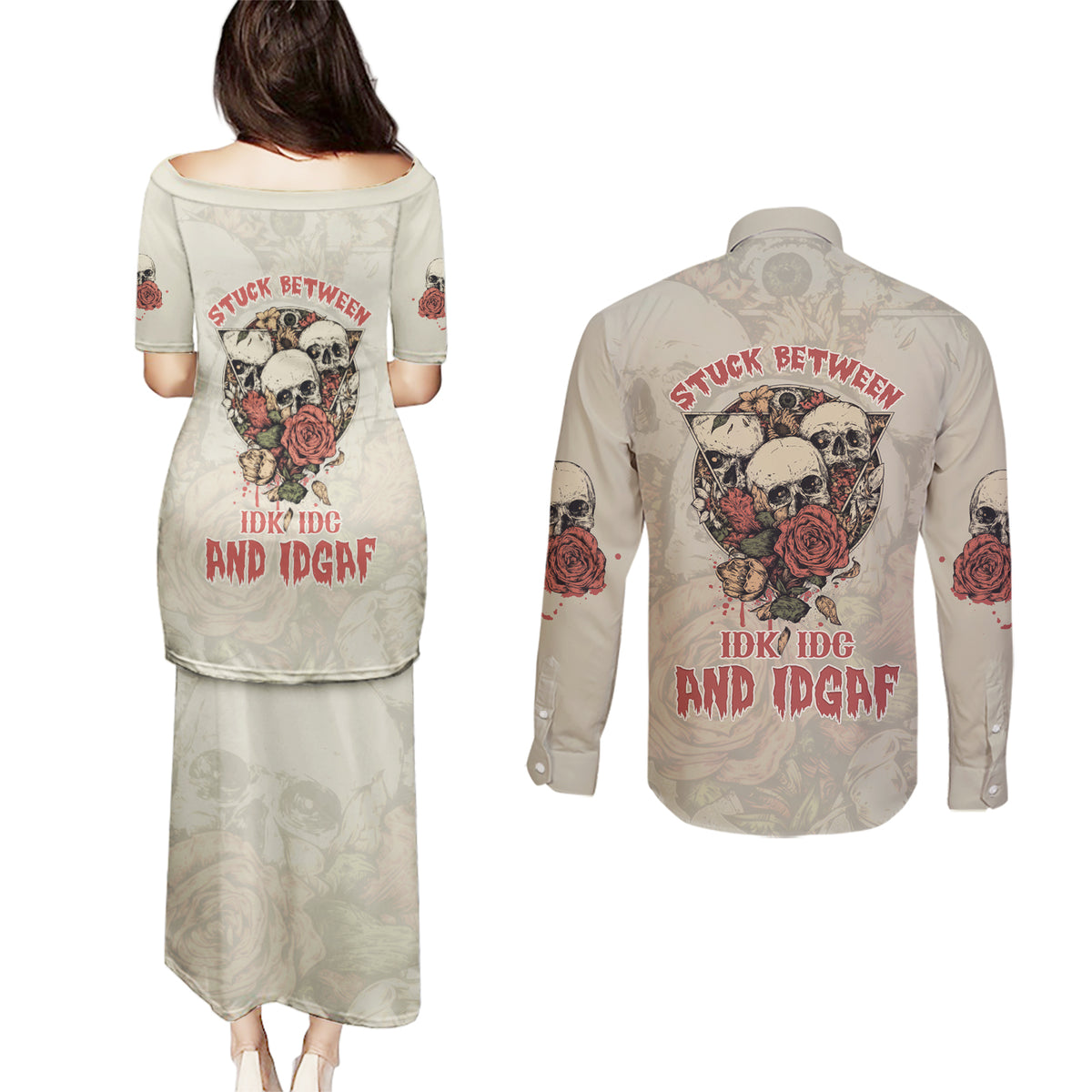 Stuck Between Idk Idc And Idgaf Skull Couples Matching Puletasi Dress and Long Sleeve Button Shirt - Wonder Print Shop