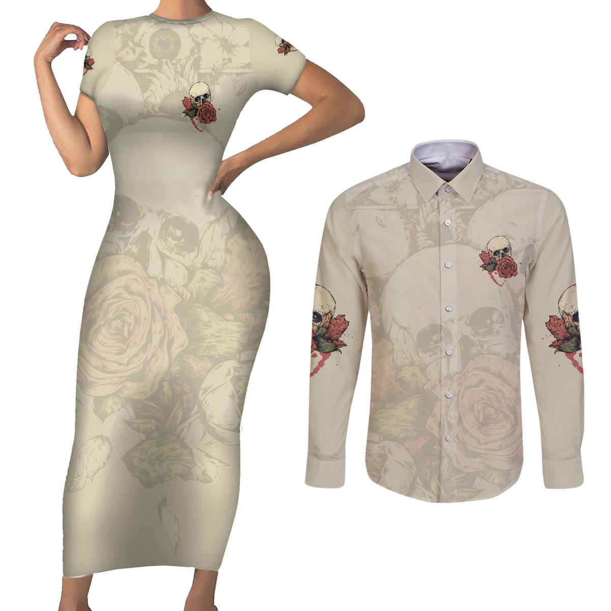 Stuck Between Idk Idc And Idgaf Skull Couples Matching Short Sleeve Bodycon Dress and Long Sleeve Button Shirt - Wonder Print Shop