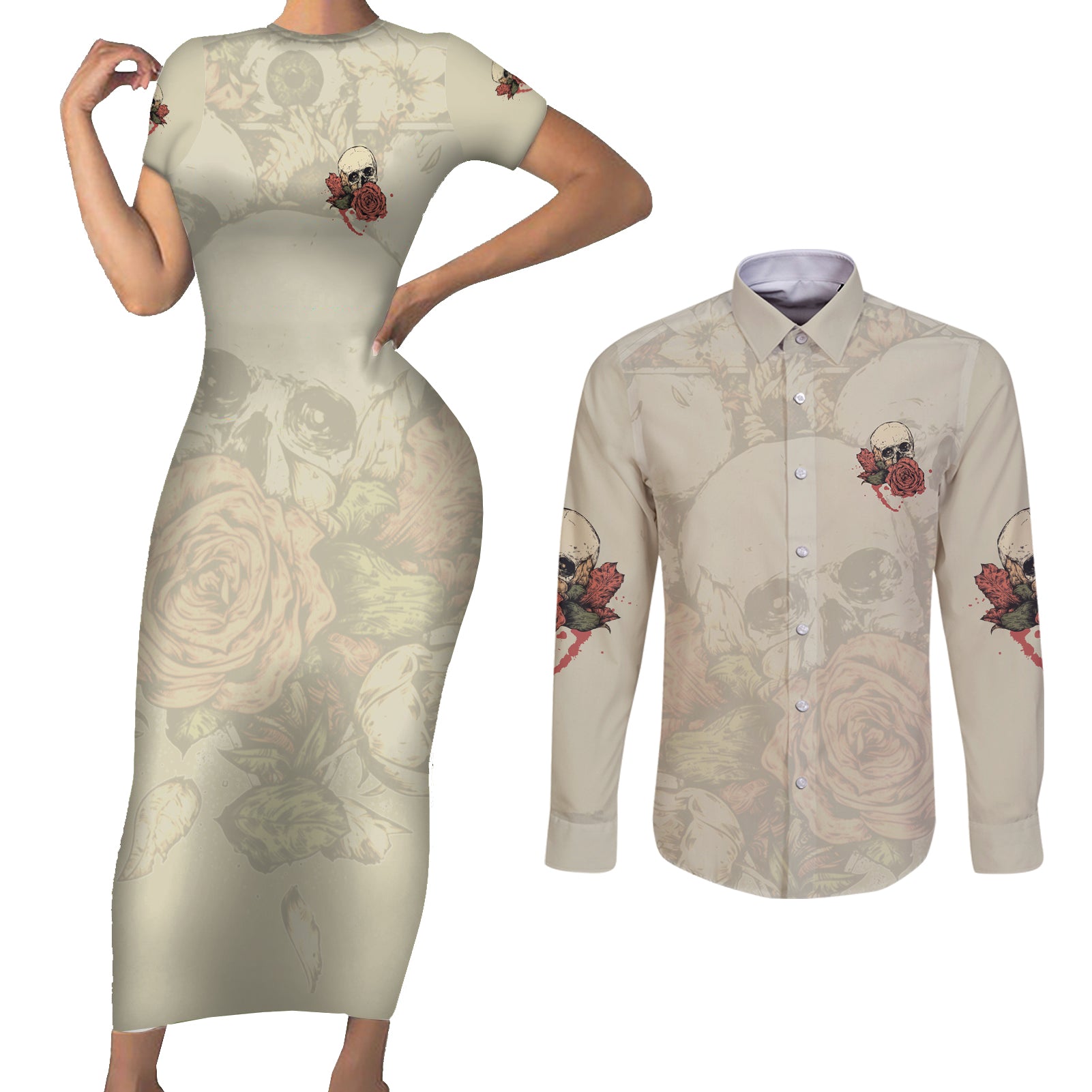 Stuck Between Idk Idc And Idgaf Skull Couples Matching Short Sleeve Bodycon Dress and Long Sleeve Button Shirt - Wonder Print Shop