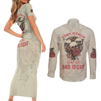 Stuck Between Idk Idc And Idgaf Skull Couples Matching Short Sleeve Bodycon Dress and Long Sleeve Button Shirt - Wonder Print Shop