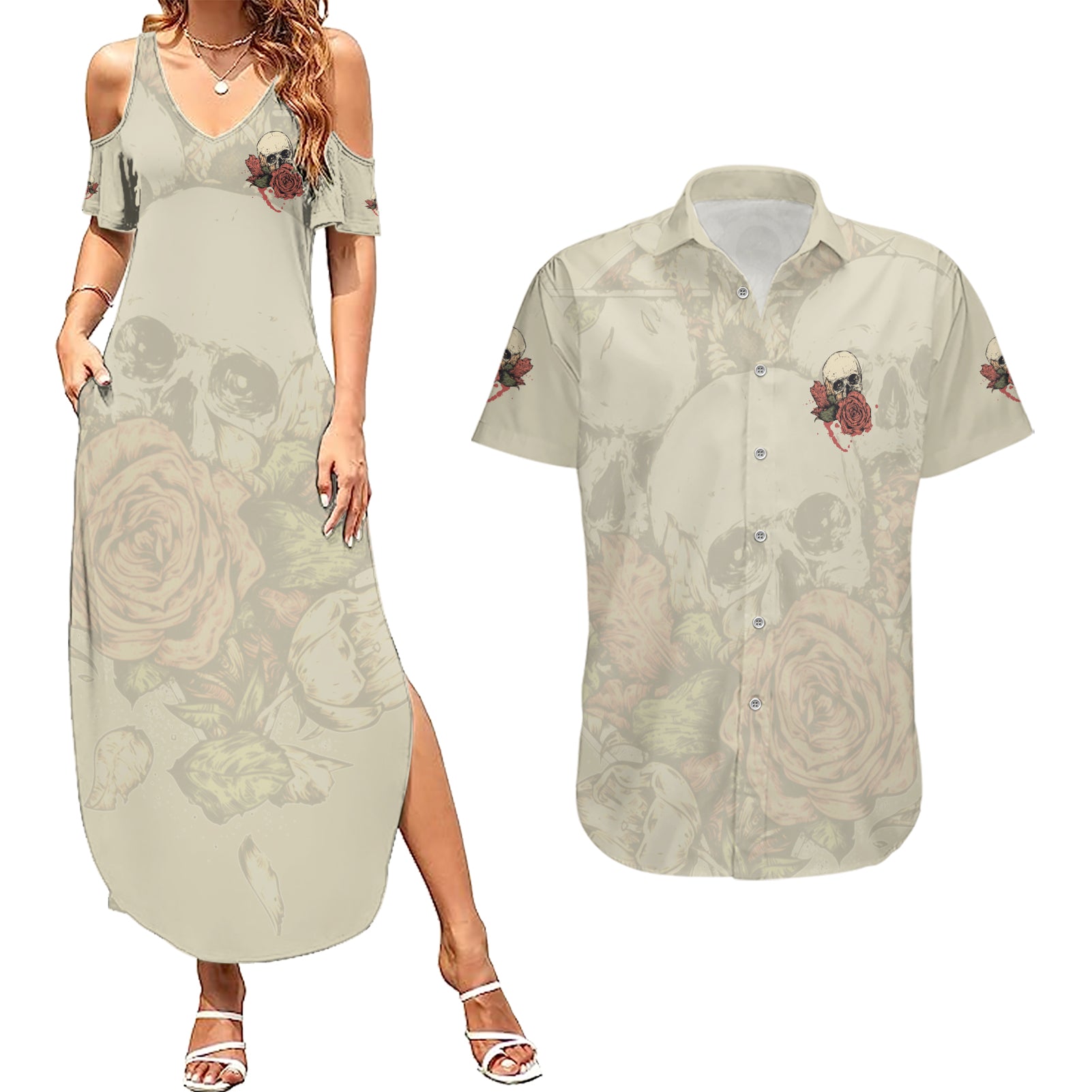 Stuck Between Idk Idc And Idgaf Skull Couples Matching Summer Maxi Dress and Hawaiian Shirt - Wonder Print Shop