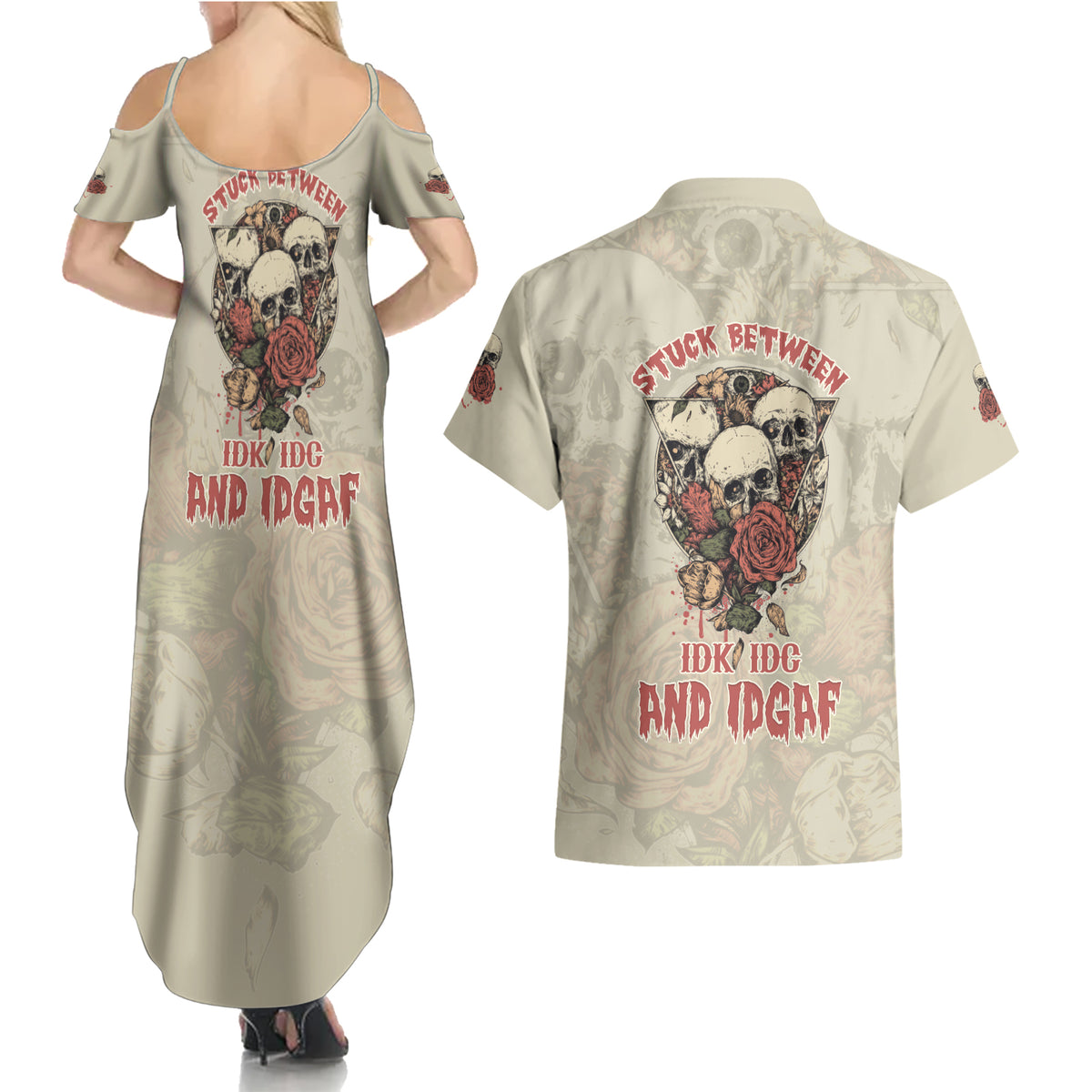 Stuck Between Idk Idc And Idgaf Skull Couples Matching Summer Maxi Dress and Hawaiian Shirt - Wonder Print Shop