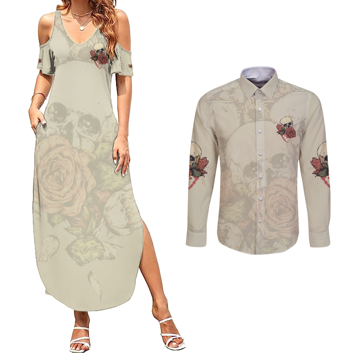 Stuck Between Idk Idc And Idgaf Skull Couples Matching Summer Maxi Dress and Long Sleeve Button Shirt - Wonder Print Shop