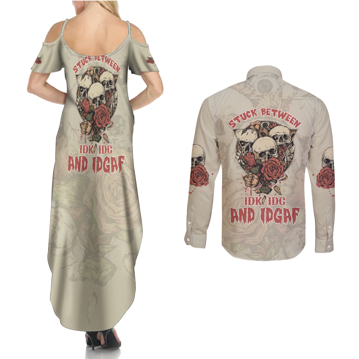 Stuck Between Idk Idc And Idgaf Skull Couples Matching Summer Maxi Dress and Long Sleeve Button Shirt - Wonder Print Shop