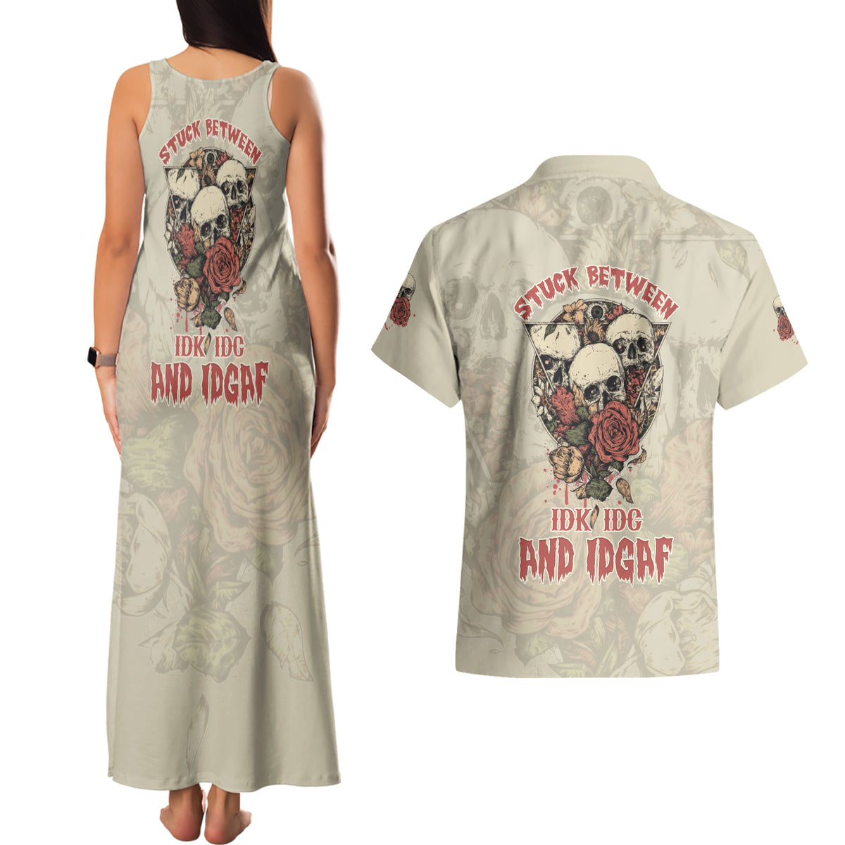 Stuck Between Idk Idc And Idgaf Skull Couples Matching Tank Maxi Dress and Hawaiian Shirt - Wonder Print Shop