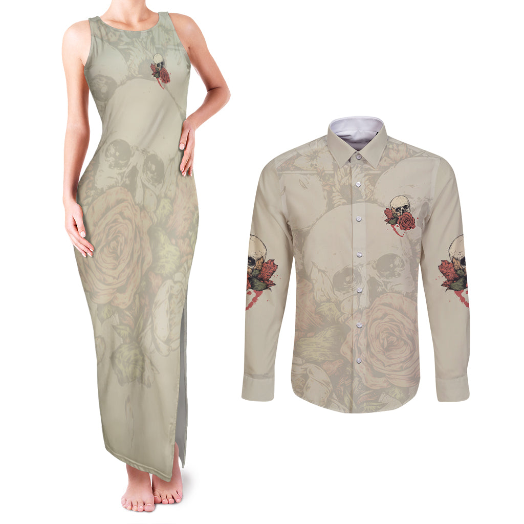 Stuck Between Idk Idc And Idgaf Skull Couples Matching Tank Maxi Dress and Long Sleeve Button Shirt - Wonder Print Shop