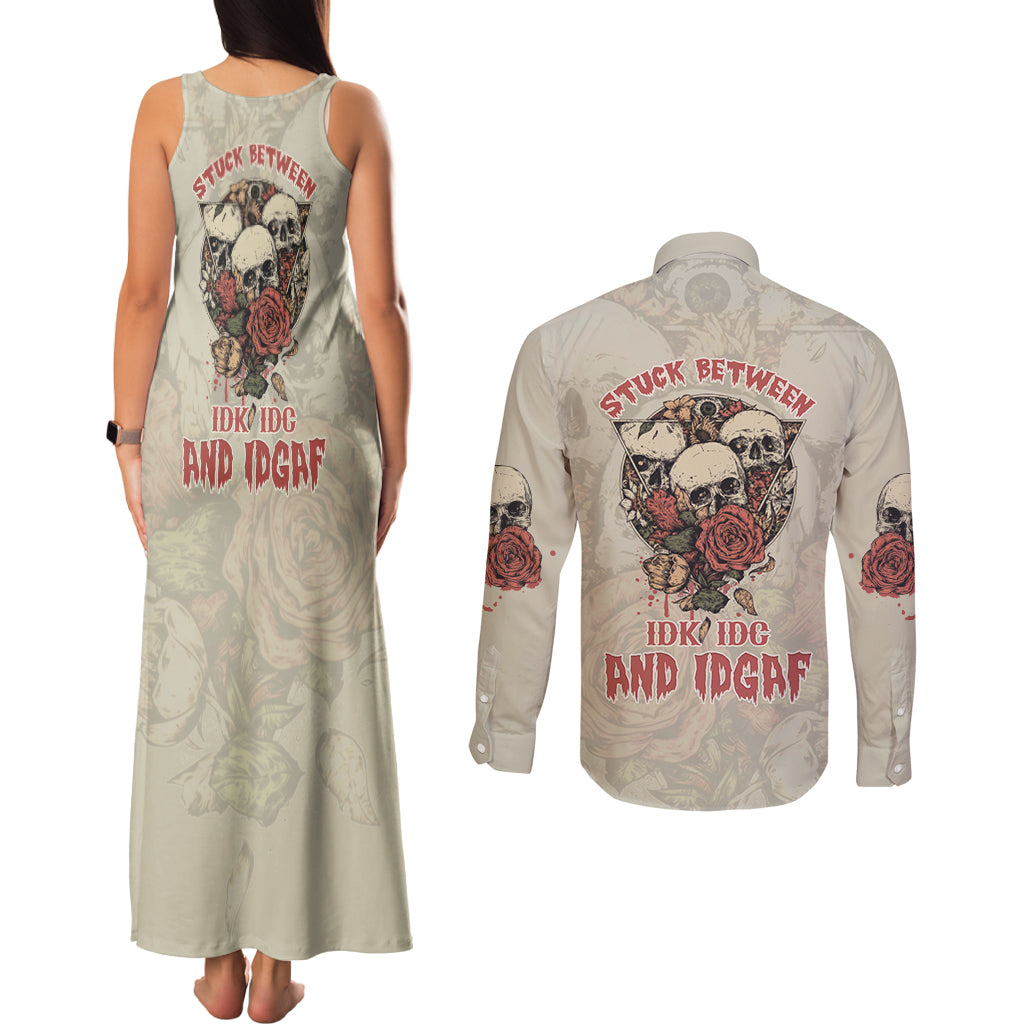 Stuck Between Idk Idc And Idgaf Skull Couples Matching Tank Maxi Dress and Long Sleeve Button Shirt - Wonder Print Shop