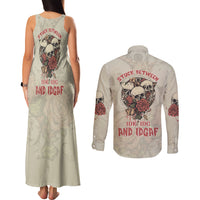 Stuck Between Idk Idc And Idgaf Skull Couples Matching Tank Maxi Dress and Long Sleeve Button Shirt - Wonder Print Shop