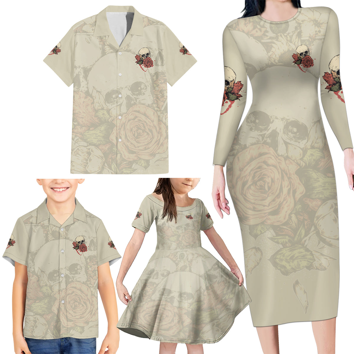 Stuck Between Idk Idc And Idgaf Skull Family Matching Long Sleeve Bodycon Dress and Hawaiian Shirt - Wonder Print Shop