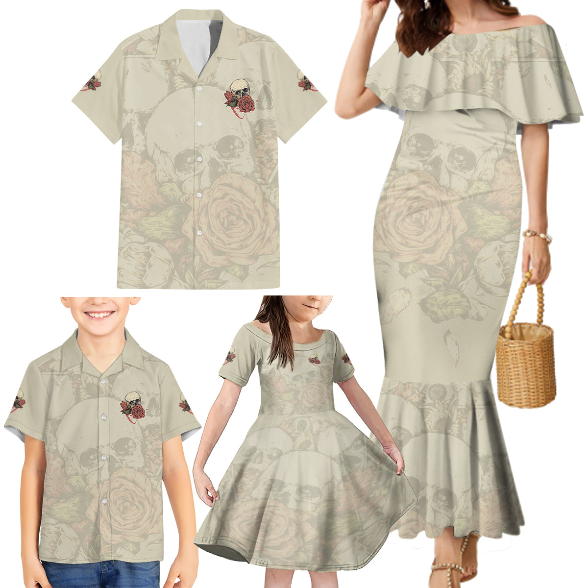 Stuck Between Idk Idc And Idgaf Skull Family Matching Mermaid Dress and Hawaiian Shirt - Wonder Print Shop
