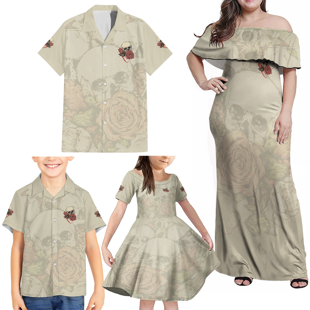 Stuck Between Idk Idc And Idgaf Skull Family Matching Off Shoulder Maxi Dress and Hawaiian Shirt - Wonder Print Shop